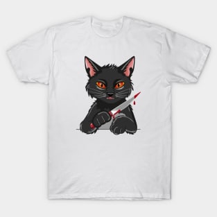 Bloody Knife in the Paw of a Black Cat T-Shirt